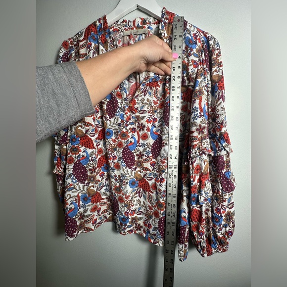 Loft Peacock Floral Print White Ruffle Long Sleeve Blouse Top Petite - Picture 14 of 17